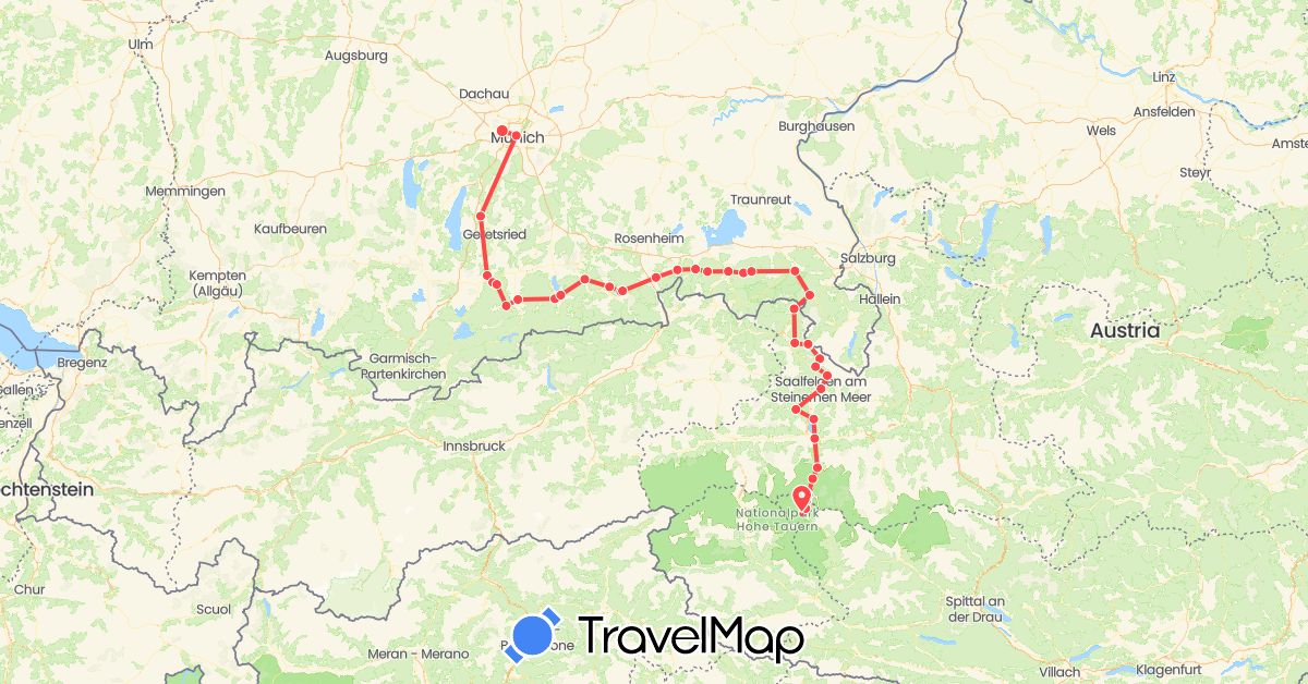 TravelMap itinerary: driving, hiking in Austria, Germany (Europe)